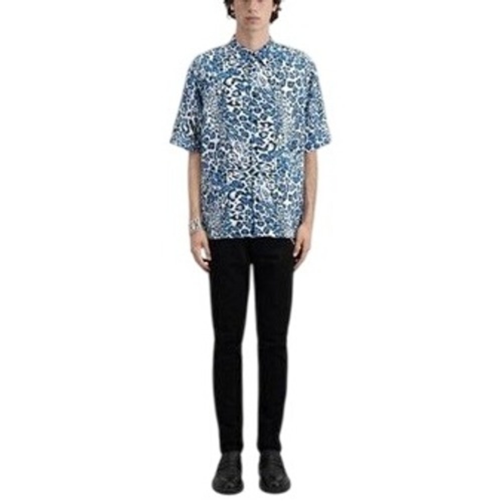 The Kooples Turquoise Leopard Print Short Sleeve Button Up Shirt Men's Medium